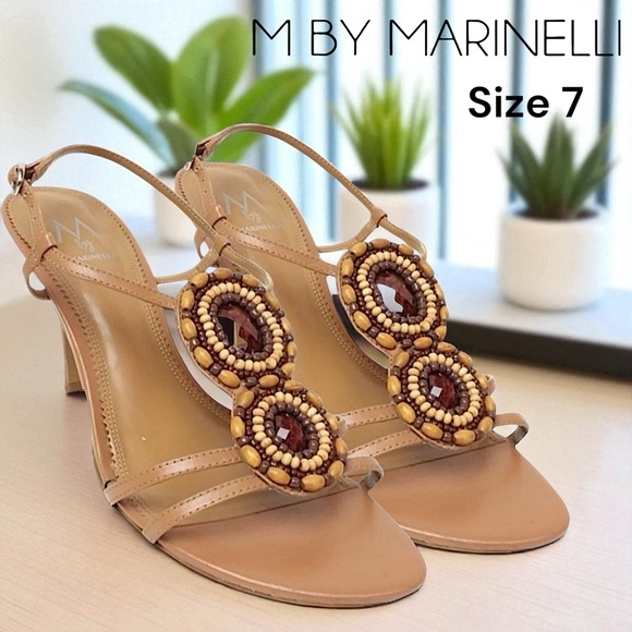 M by Marinelli Shoes - Marinelli “Riona” Beaded Wooden Bezel Stone T-Strap Heels Sandals